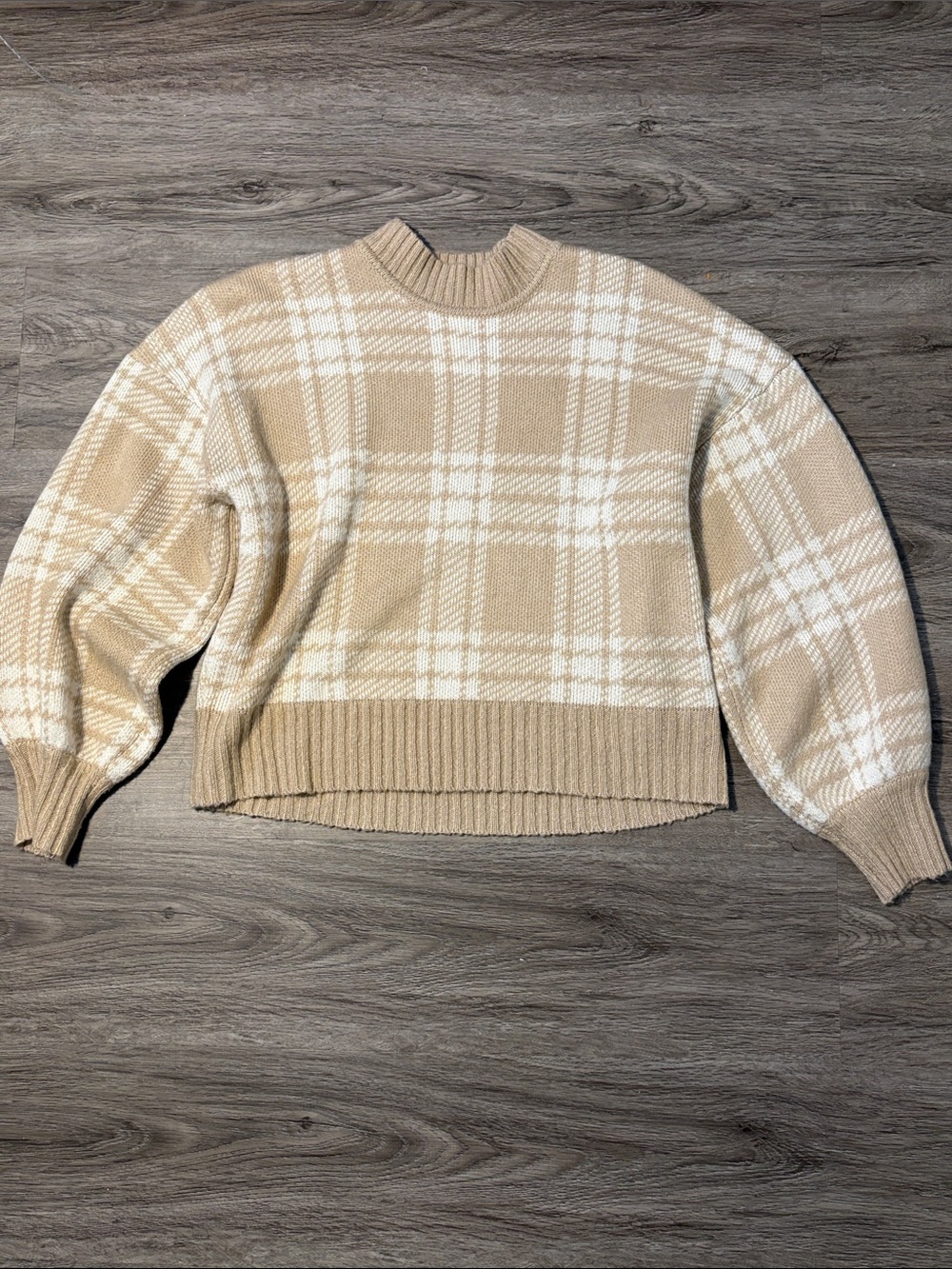 Plaid Crewneck Sweater in Beige and White - Women's